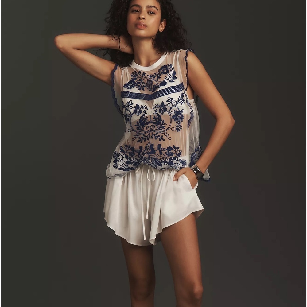NWT By Anthropologie Embroidered Ruffle Muscle Tee - Picture 2 of 5